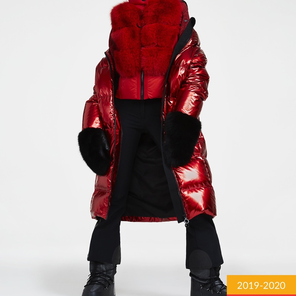 Goldbergh Shiny Red Puffer Coat with Black Fur Accents
